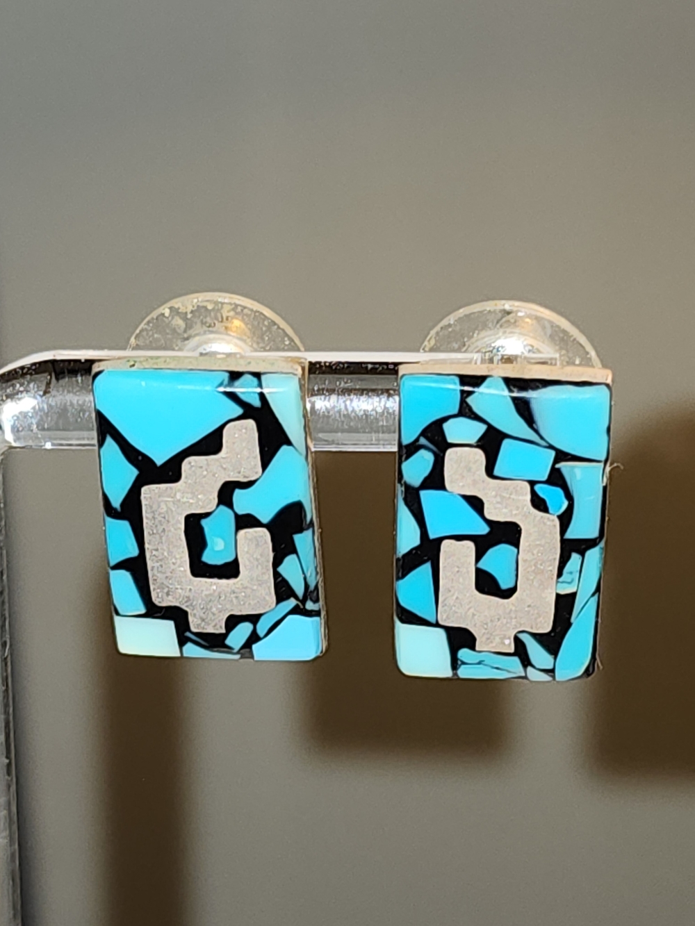 Vintage 950 Sterling Silver Turquoise & Black Inlay Stud Earrings Signed Mexico